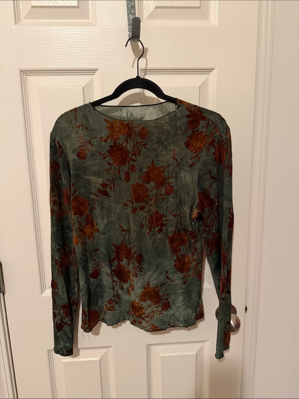 Amazon Olive Green Long-Sleeve Floral Tee with Rust Flowers